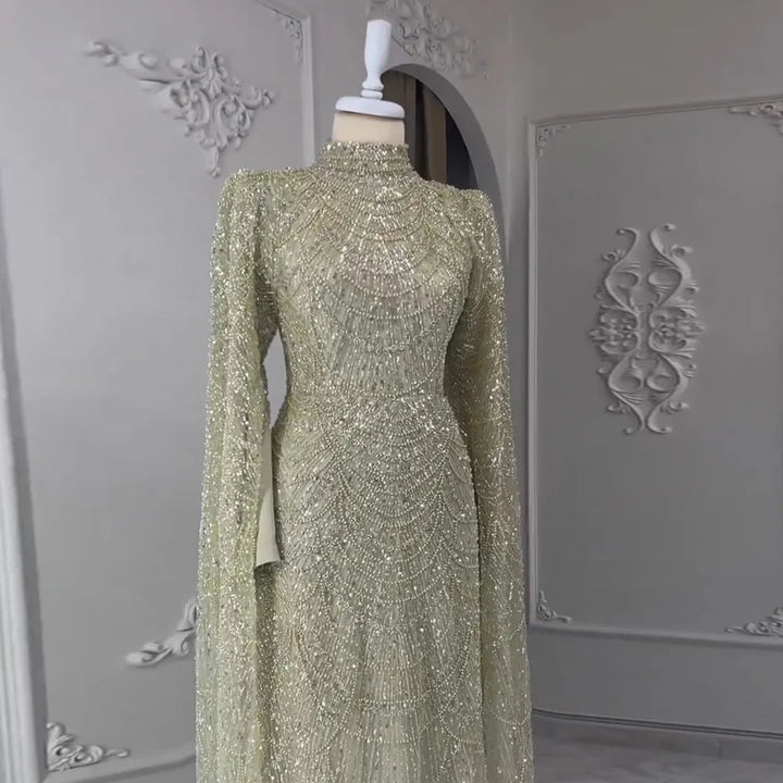 Dubai Sage Green Muslim Evening Dress High Neck Women Wedding Party SS630