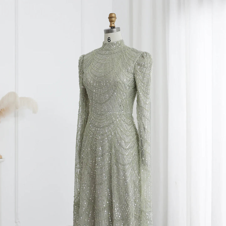 Dubai Sage Green Muslim Evening Dress High Neck Women Wedding Party SS630