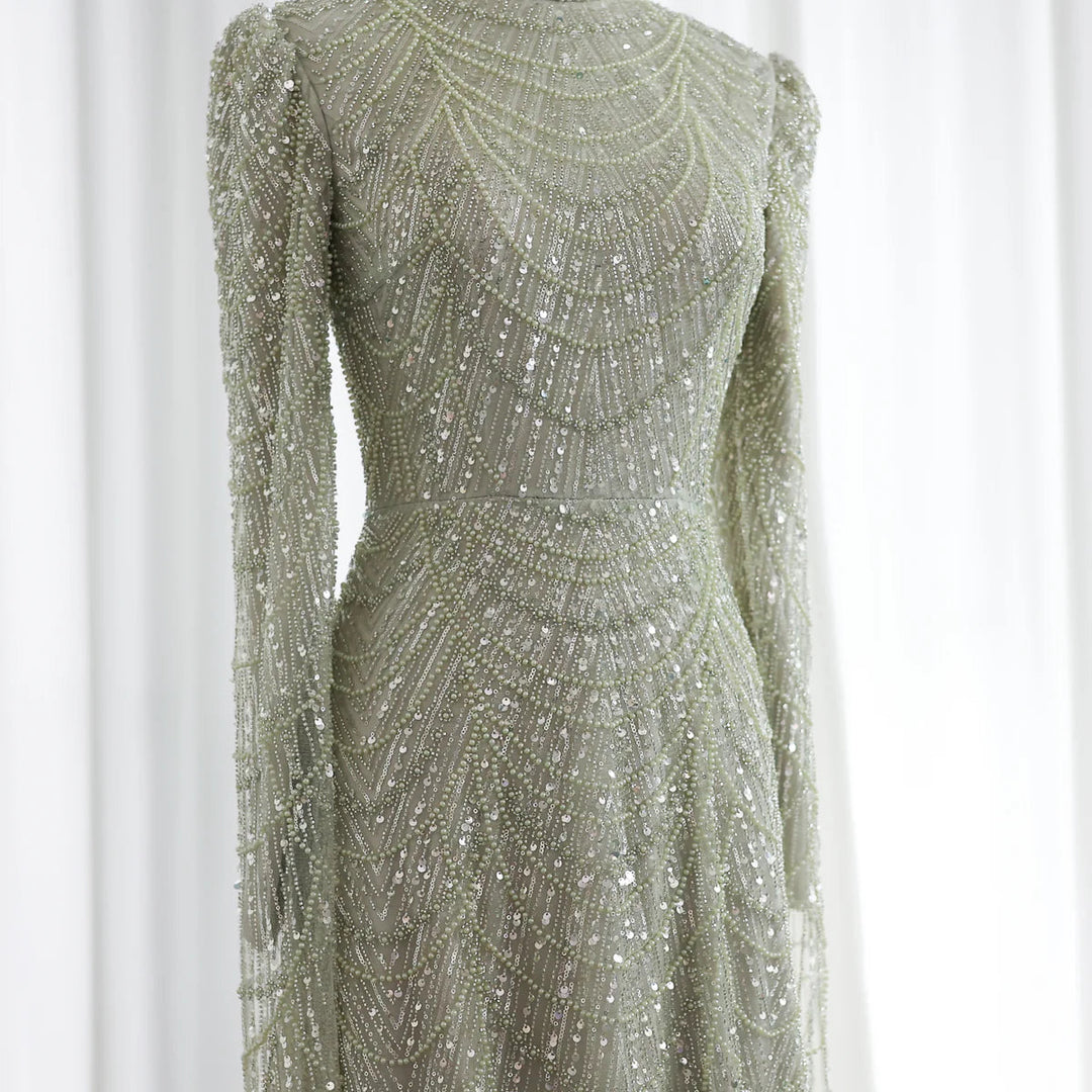 Dubai Sage Green Muslim Evening Dress High Neck Women Wedding Party SS630