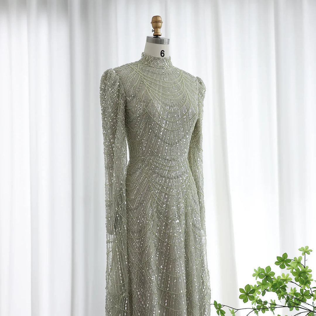 Dubai Sage Green Muslim Evening Dress High Neck Women Wedding Party SS630