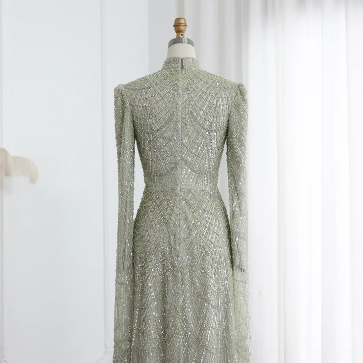 Dubai Sage Green Muslim Evening Dress High Neck Women Wedding Party SS630