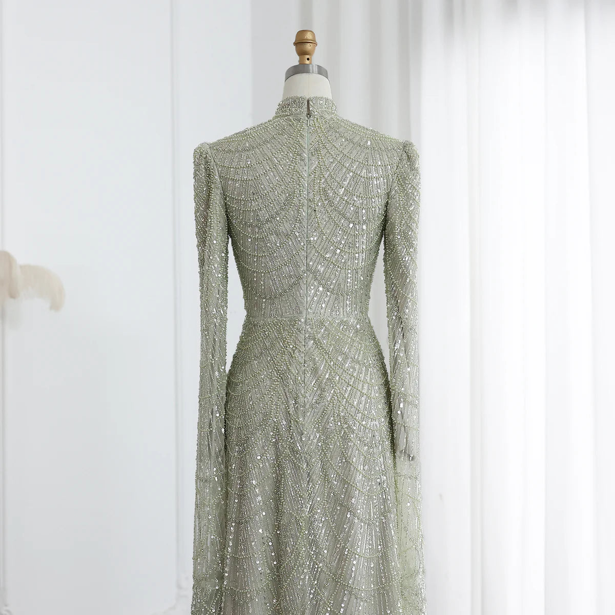 Dubai Sage Green Muslim Evening Dress High Neck Women Wedding Party SS630