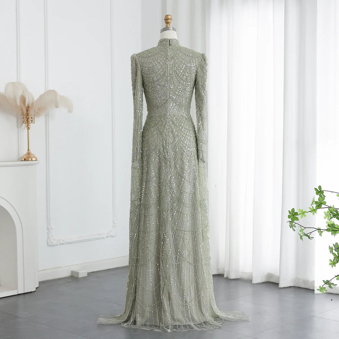 Dubai Sage Green Muslim Evening Dress High Neck Women Wedding Party SS630