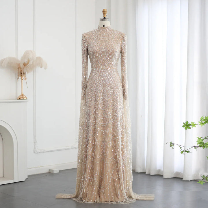 Dubai Sage Green Muslim Evening Dress High Neck Women Wedding Party SS630
