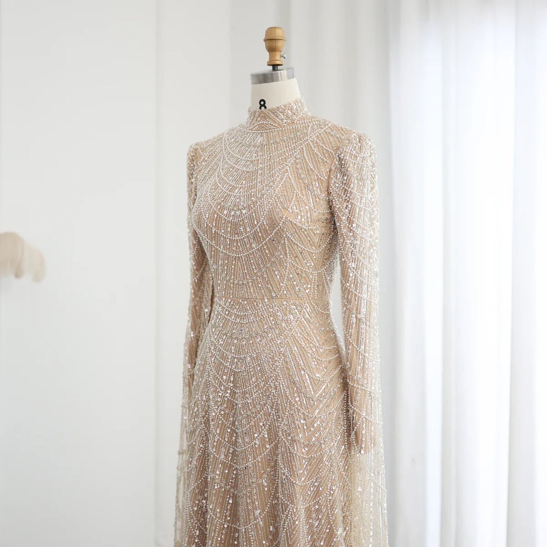 Dubai Sage Green Muslim Evening Dress High Neck Women Wedding Party SS630