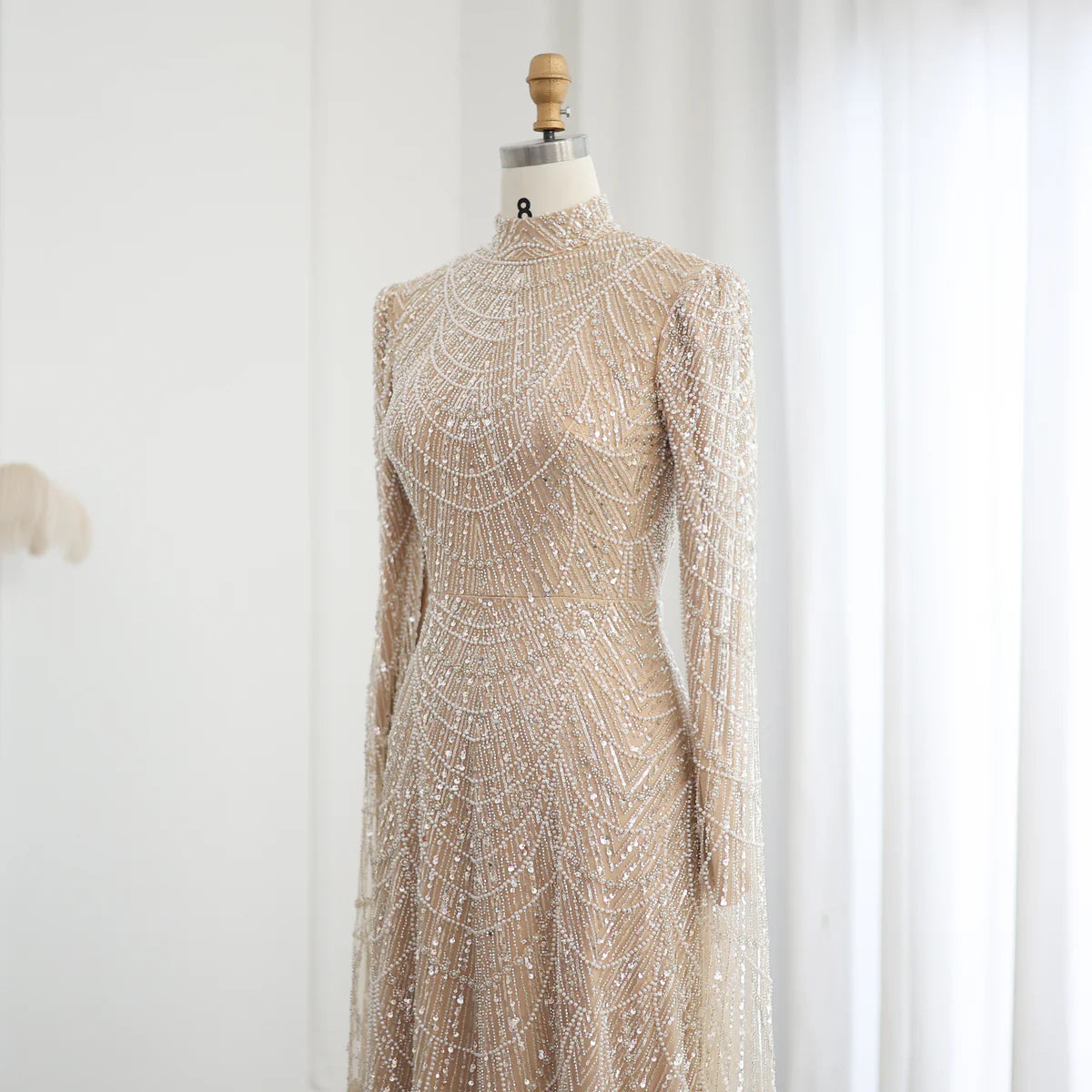 Dubai Sage Green Muslim Evening Dress High Neck Women Wedding Party SS630