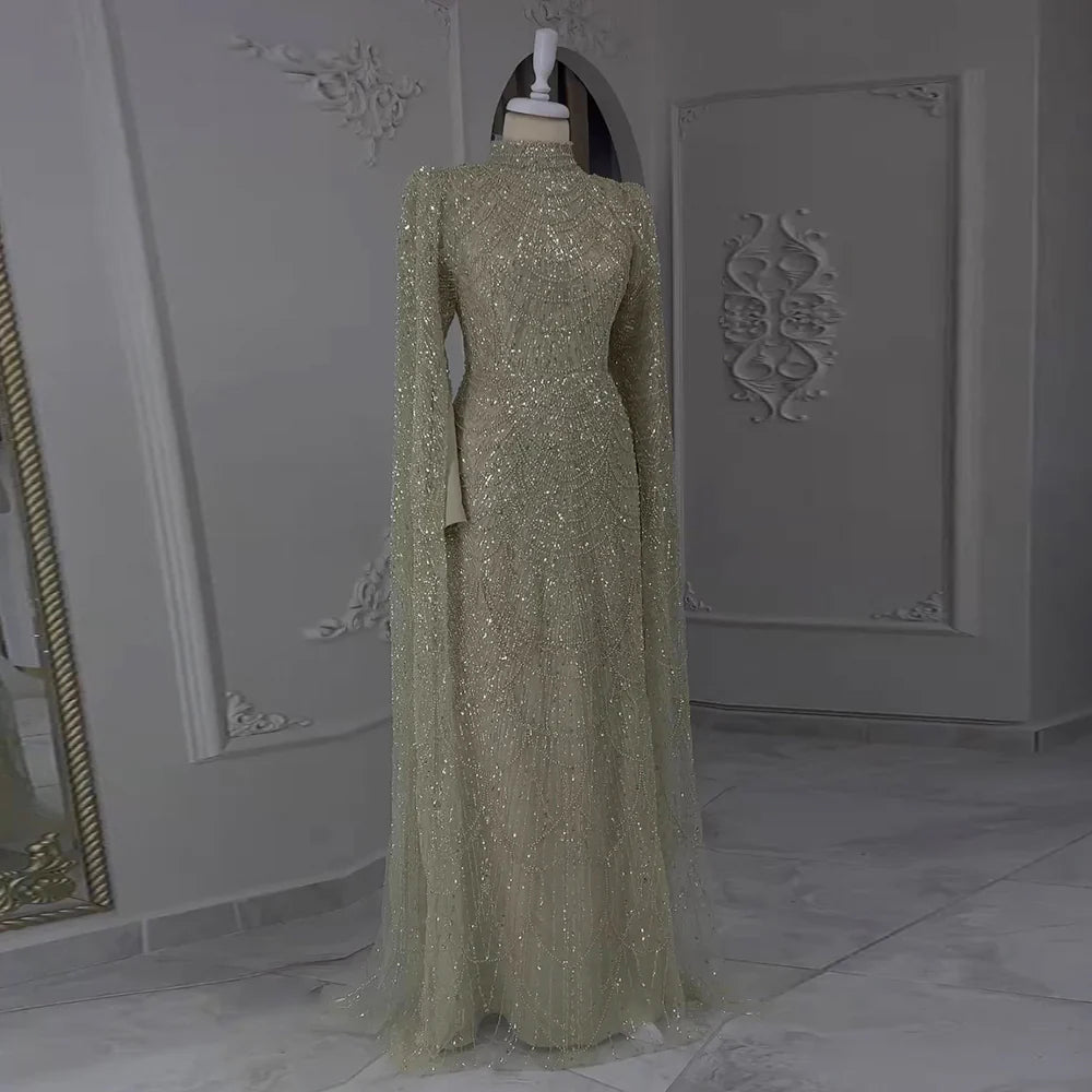 Dubai Sage Green Muslim Evening Dress High Neck Women Wedding Party SS630