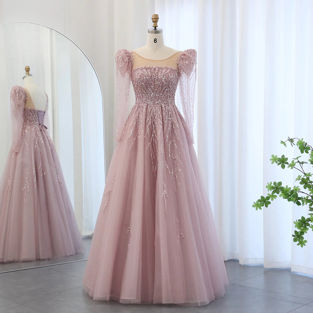 Dusty Pink Long Sleeves Dubai Luxury Evening Dresses SS453