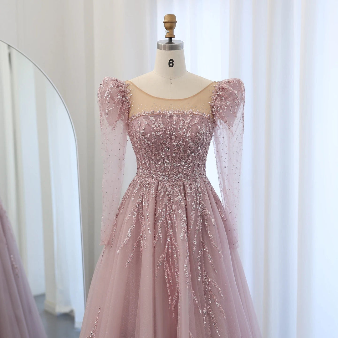 Dusty Pink Long Sleeves Dubai Luxury Evening Dresses SS453
