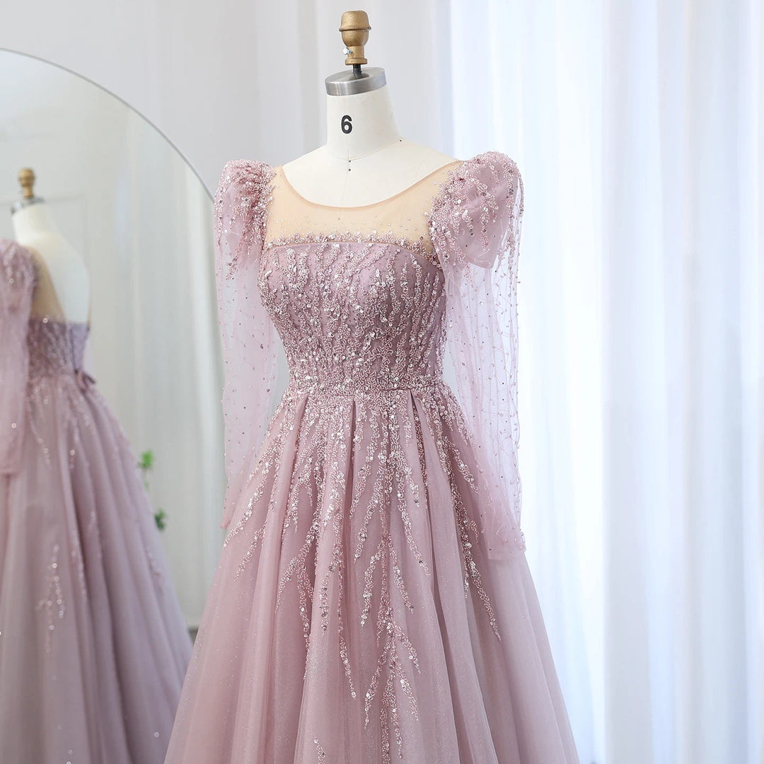 Dusty Pink Long Sleeves Dubai Luxury Evening Dresses SS453
