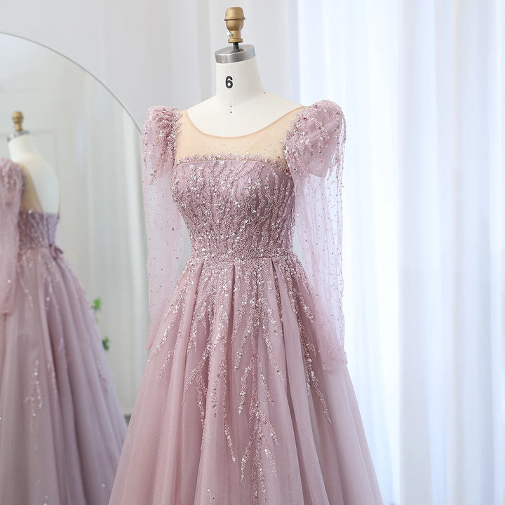 Dusty Pink Long Sleeves Dubai Luxury Evening Dresses SS453