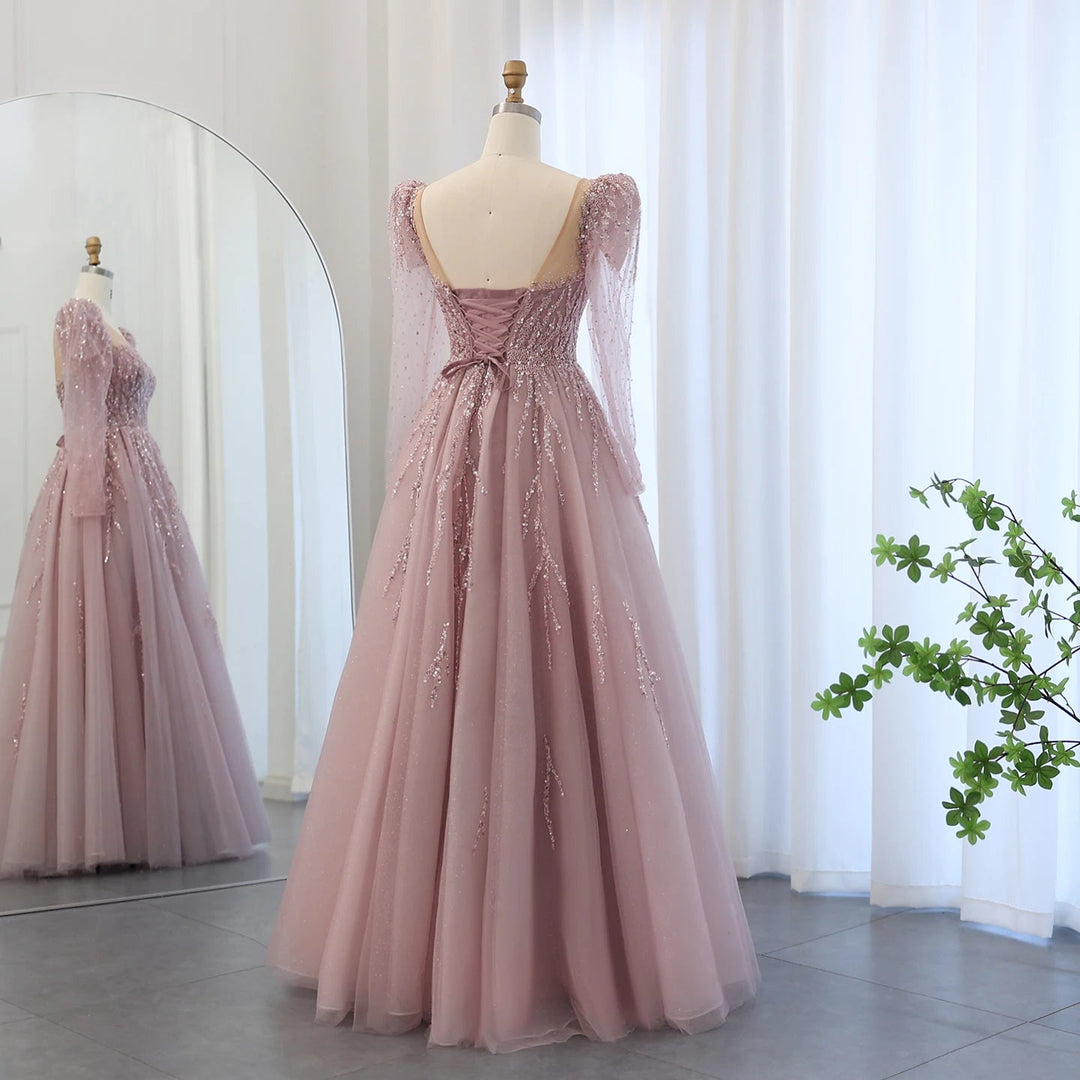 Dusty Pink Long Sleeves Dubai Luxury Evening Dresses SS453
