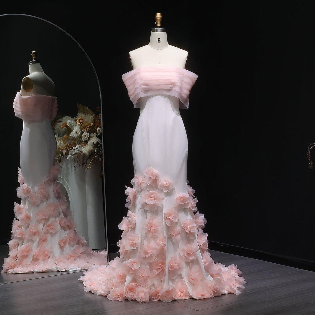 Elegant 3D flowers Off Shoulder White Evening Dress SF206-DreamyVow