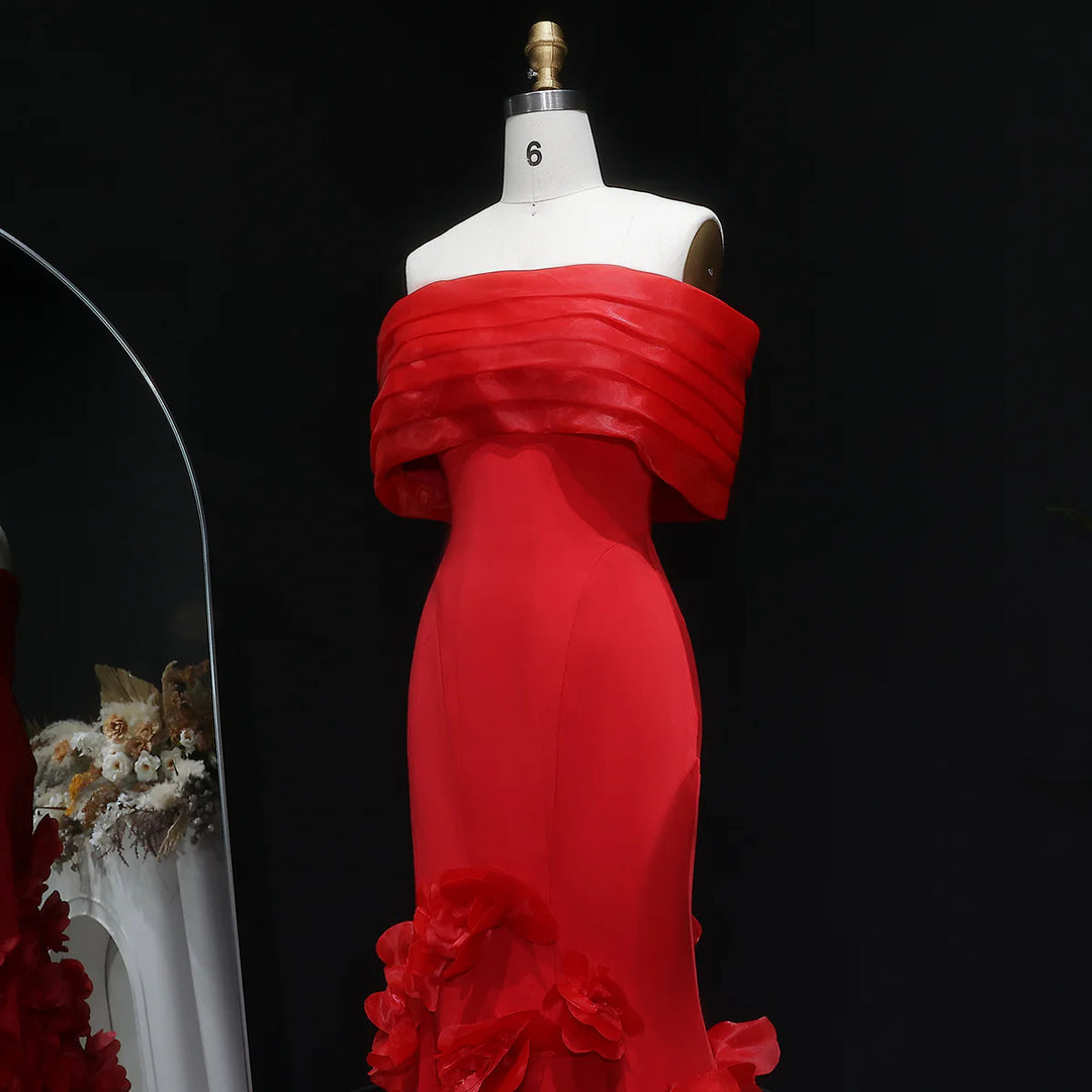 Elegant 3D flowers Off Shoulder White Evening Dress SF206-DreamyVow