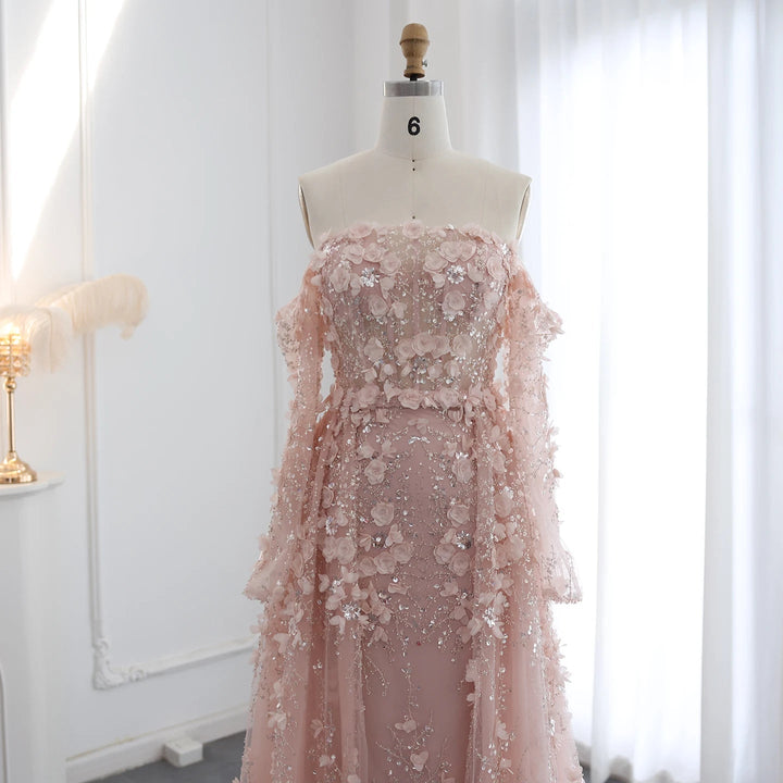 Elegant 3D Flowers Pink Luxury Dubai Evening Dress with Overskirt SS352