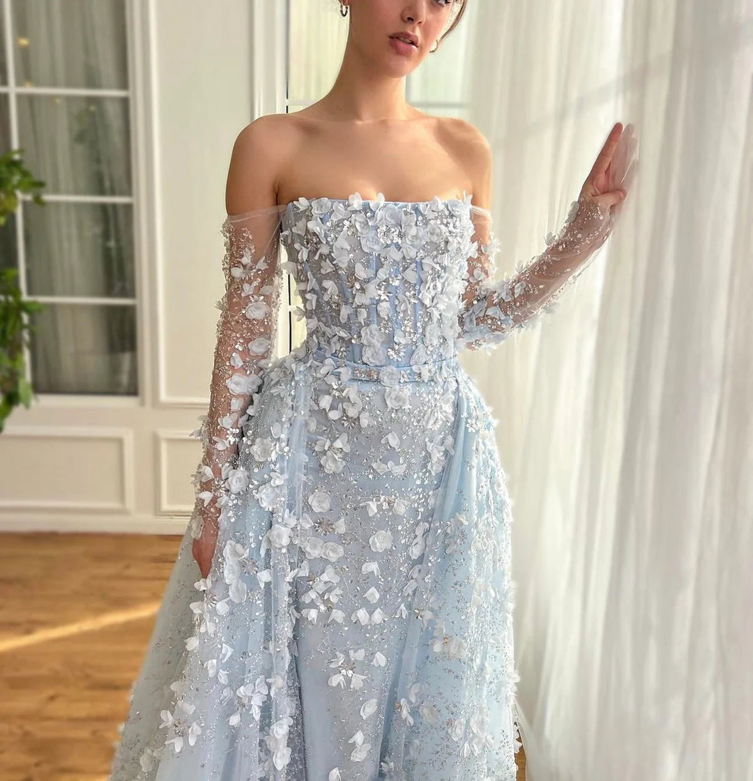 Elegant 3D Flowers Pink Luxury Dubai Evening Dress with Overskirt SS35 DreamyVow Elegant 3D Flowers Pink Luxury Dubai Evening Dress with Overskirt SS35 DreamyVow