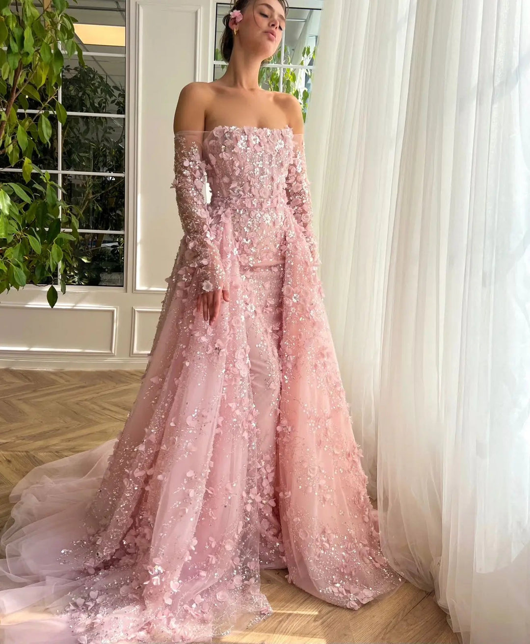 Elegant 3D Flowers Pink Luxury Dubai Evening Dress with Overskirt SS352