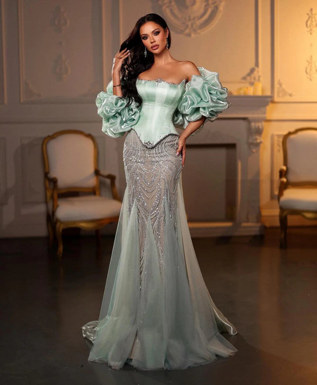 Elegant Aqua Strapless Evening Dress with Crystal Beading SS501-DreamyVow