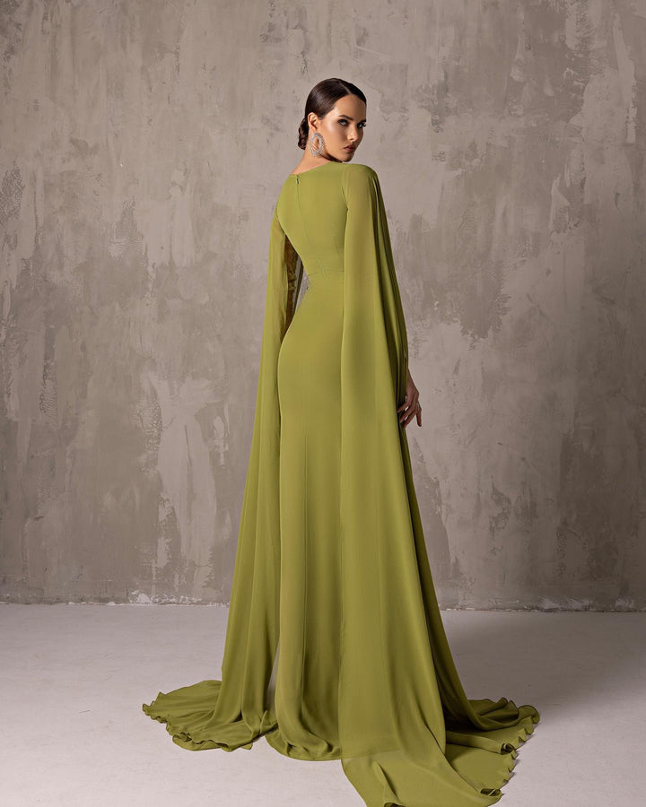 Elegant Asymmetrical Sage Green Chiffon Arabic Evening Dress SF051
