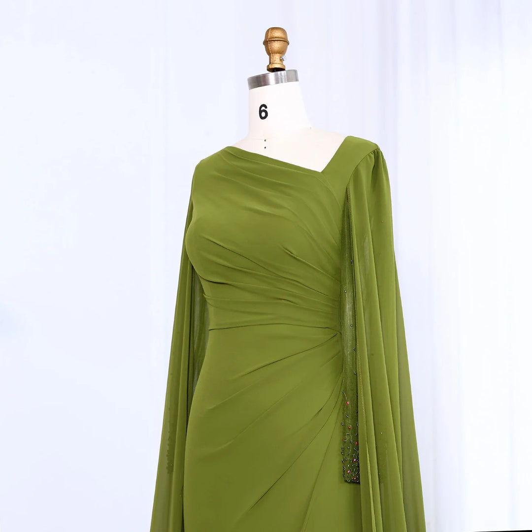 Elegant Asymmetrical Sage Green Chiffon Arabic Evening Dress SF051
