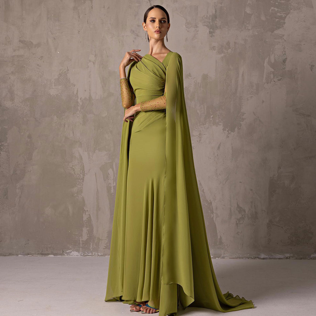 Elegant Asymmetrical Sage Green Chiffon Arabic Evening Dress SF051