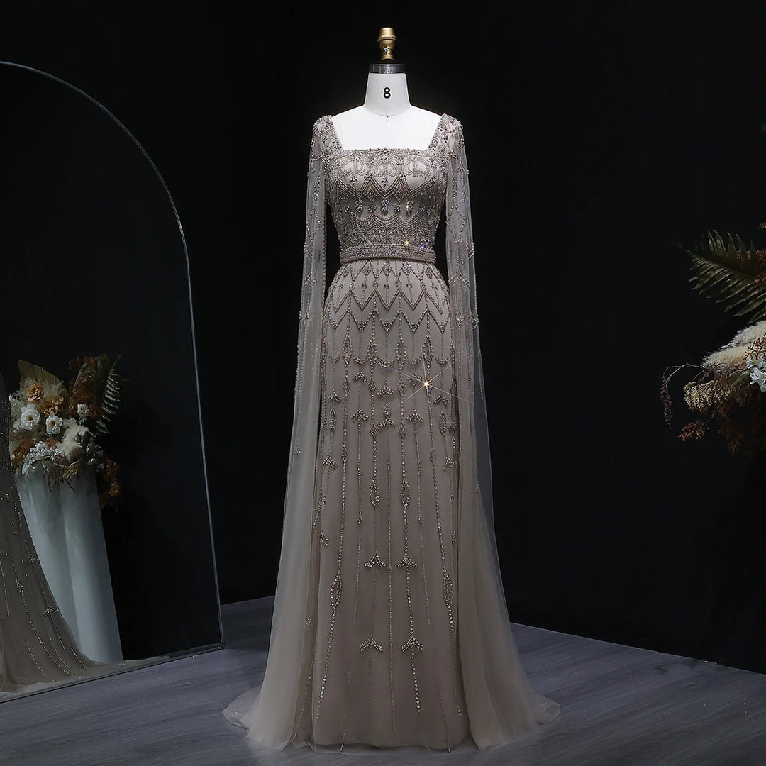 Elegant Beaded Evening Dress with Flowing Cape Sleeves SS089-DreamyVow