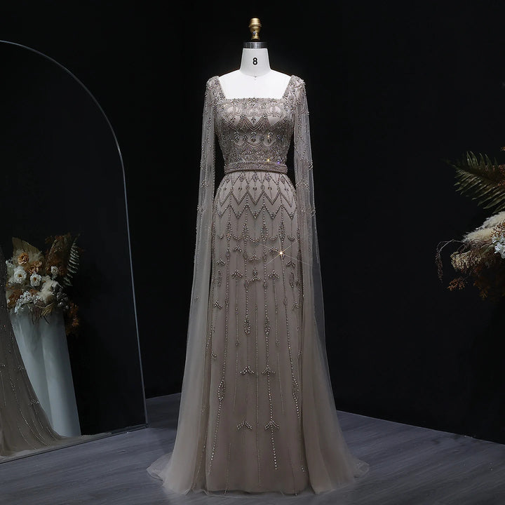 Elegant Beaded Evening Dress with Flowing Cape Sleeves SS089-DreamyVow