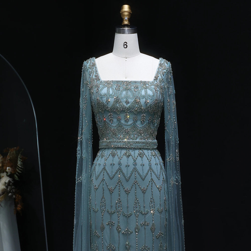 Elegant Beaded Evening Dress with Flowing Cape Sleeves SS089-DreamyVow
