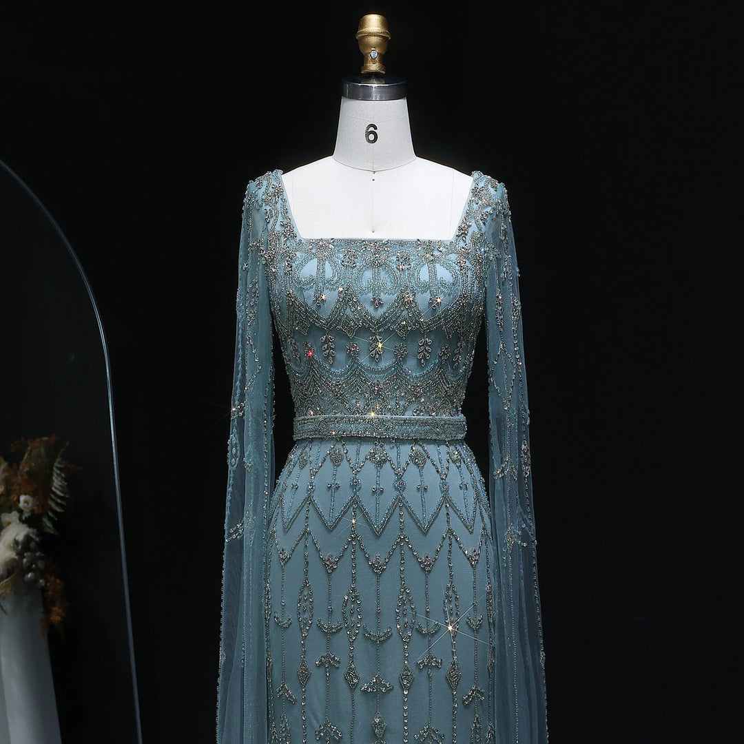 Elegant Beaded Evening Dress with Flowing Cape Sleeves SS089-DreamyVow