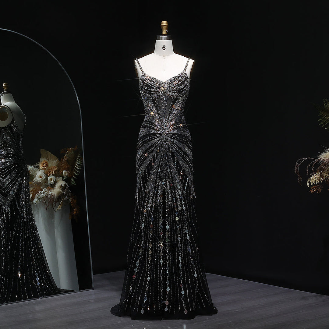 Elegant Beaded Evening Dress with Spaghetti Straps SS020