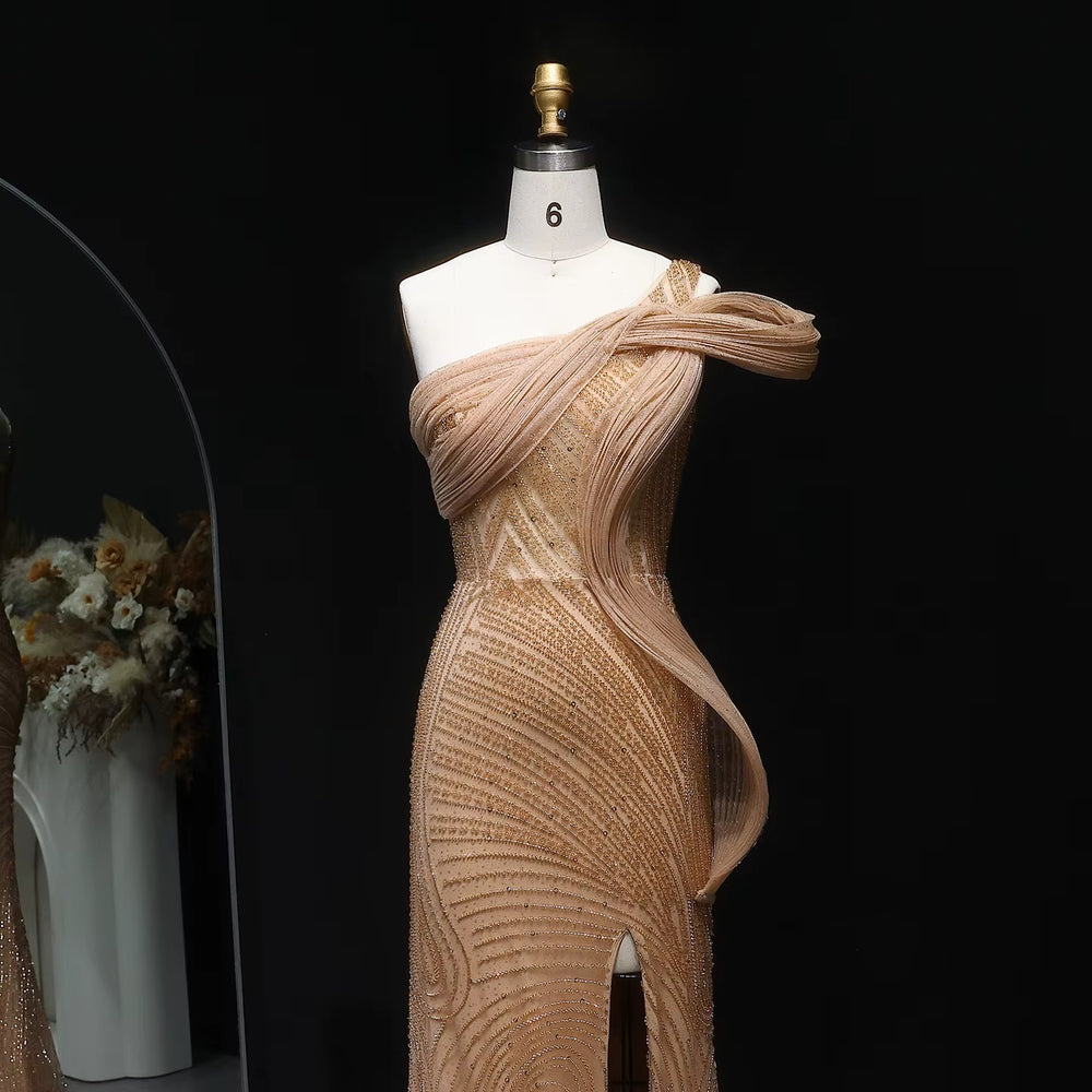 Elegant Beaded Slit Evening Dress with Sparkling Crystals SS088