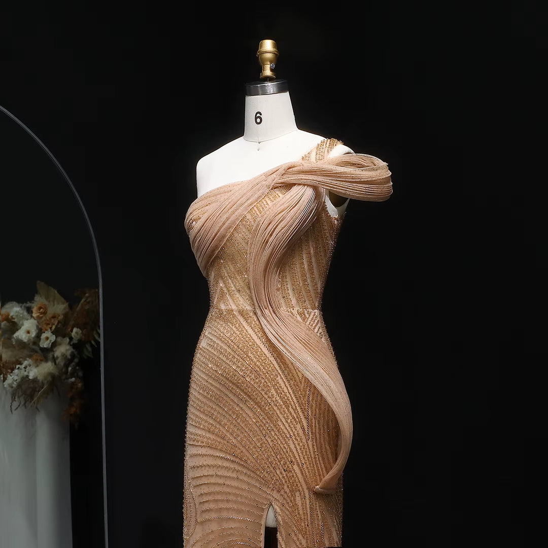 Elegant Beaded Slit Evening Dress with Sparkling Crystals SS088