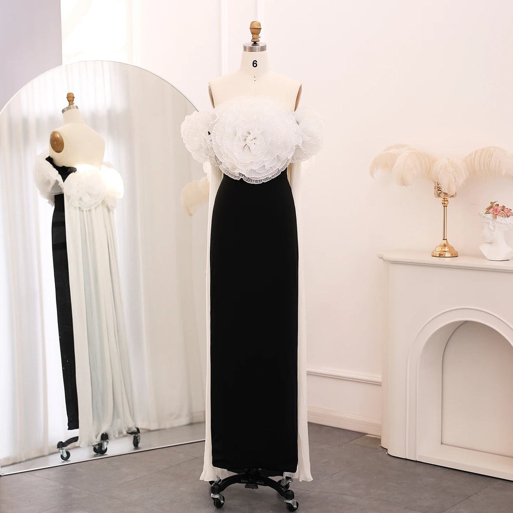 Elegant Black and White Mermaid Dress with Cape 3D Flowers SF018