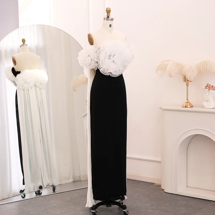 Elegant Black and White Mermaid Dress with Cape 3D Flowers SF018