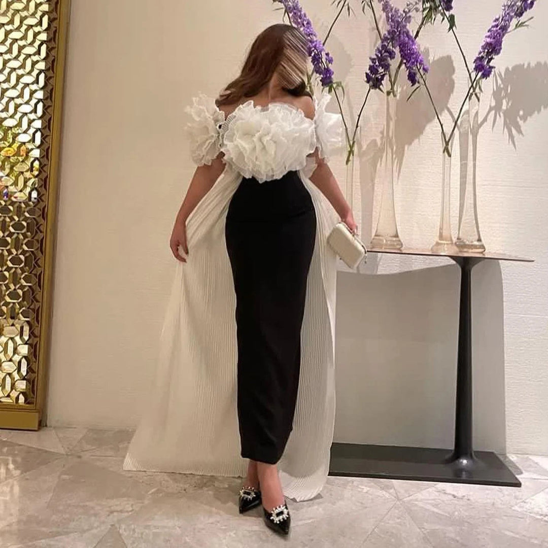Elegant Black and White Mermaid Dress with Cape 3D Flowers SF018