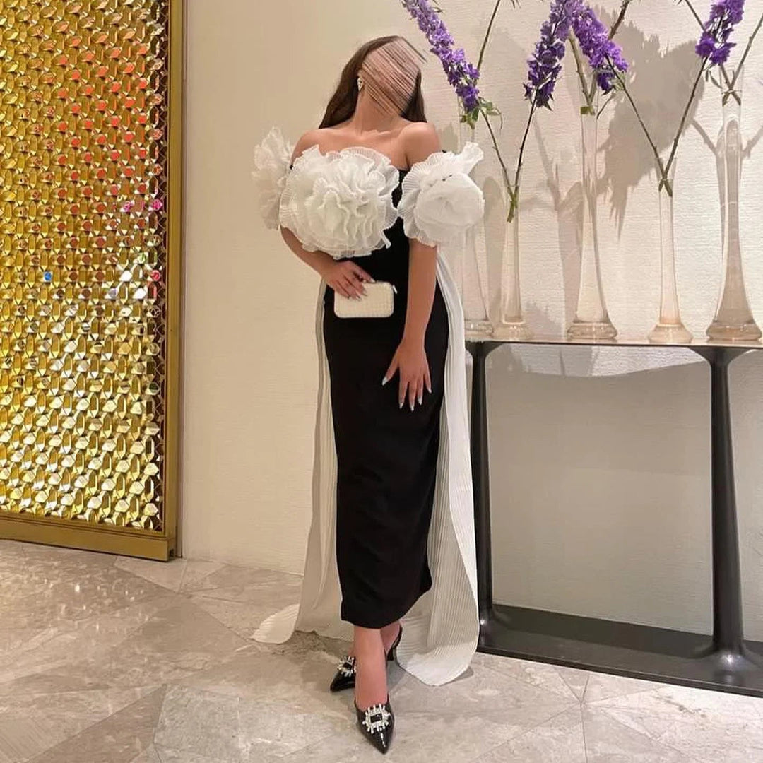 Elegant Black and White Mermaid Dress with Cape 3D Flowers SF018