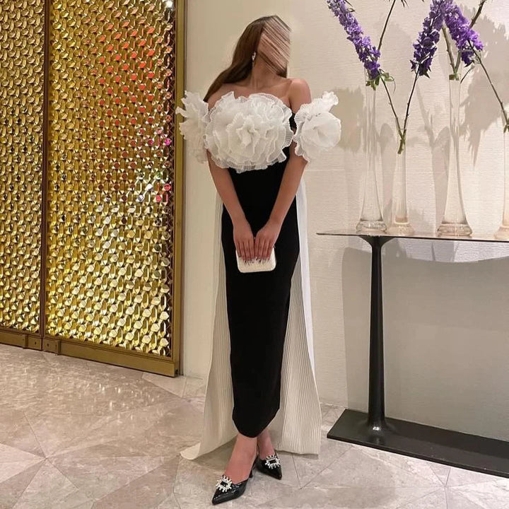 Elegant Black and White Mermaid Dress with Cape 3D Flowers SF018