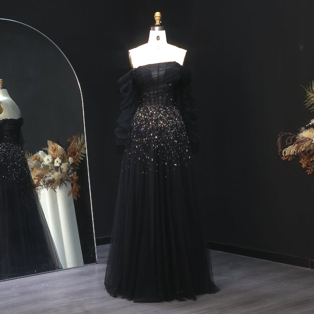 Elegant Black Beaded Tulle Off Shoulder Evening Dress SF333