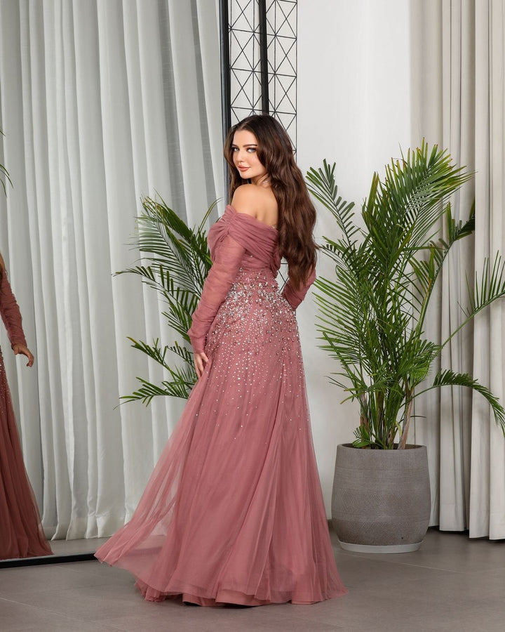 Elegant Black Beaded Tulle Off Shoulder Evening Dress SF333