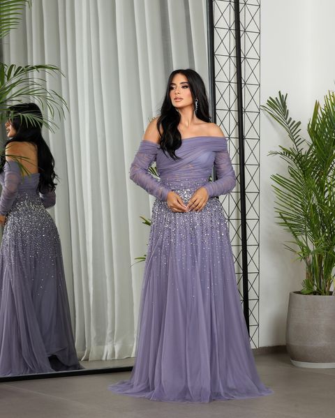 Elegant Black Beaded Tulle Off Shoulder Evening Dress SF333