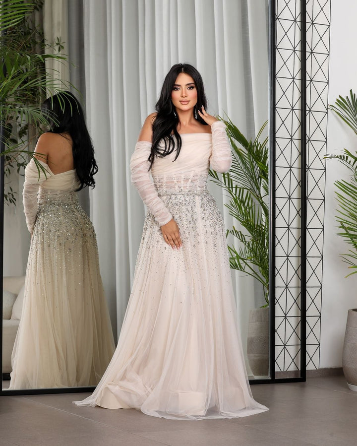 Elegant Black Beaded Tulle Off Shoulder Evening Dress SF333