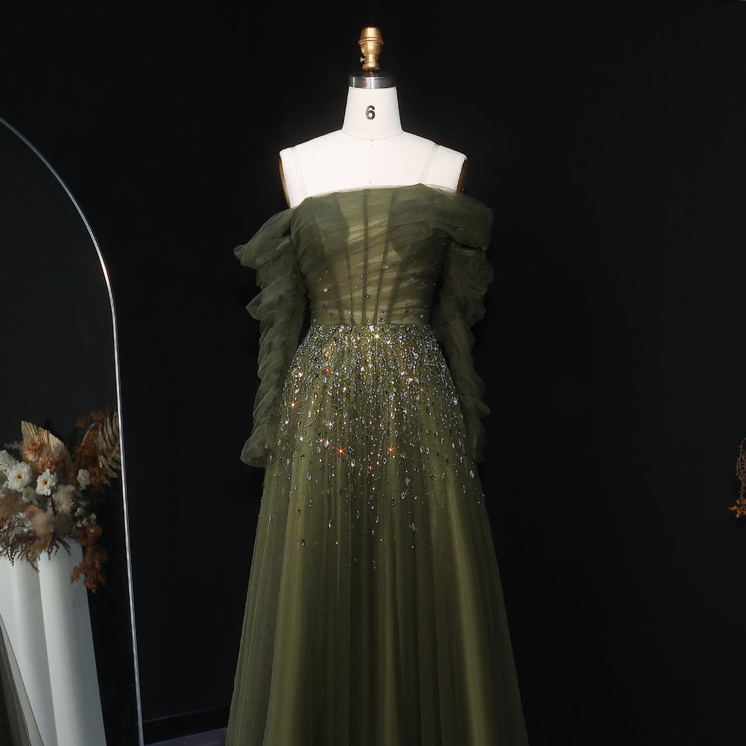 Elegant Black Beaded Tulle Off Shoulder Evening Dress SF333