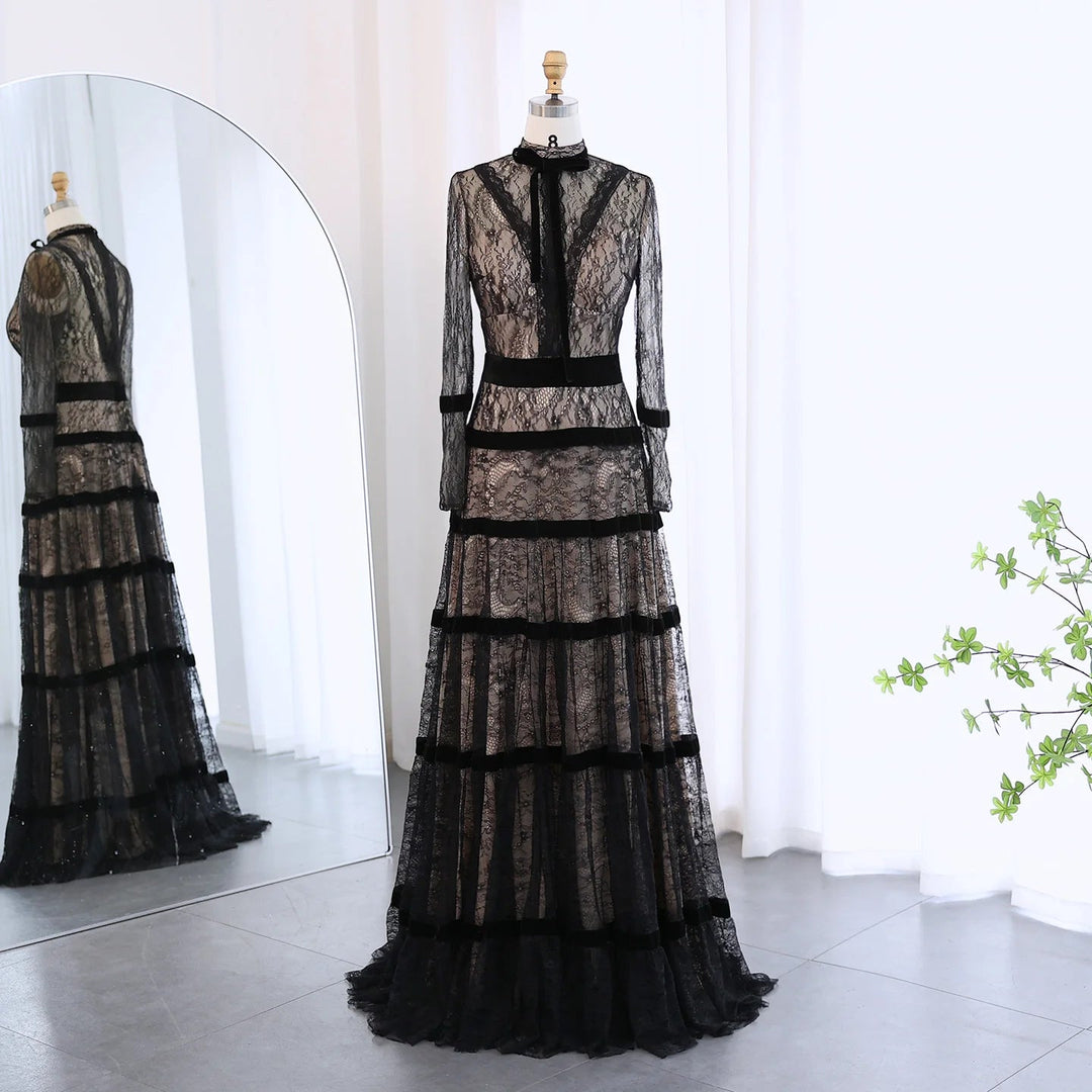Elegant Black Lace A-line Evening Dress Dubai SF023