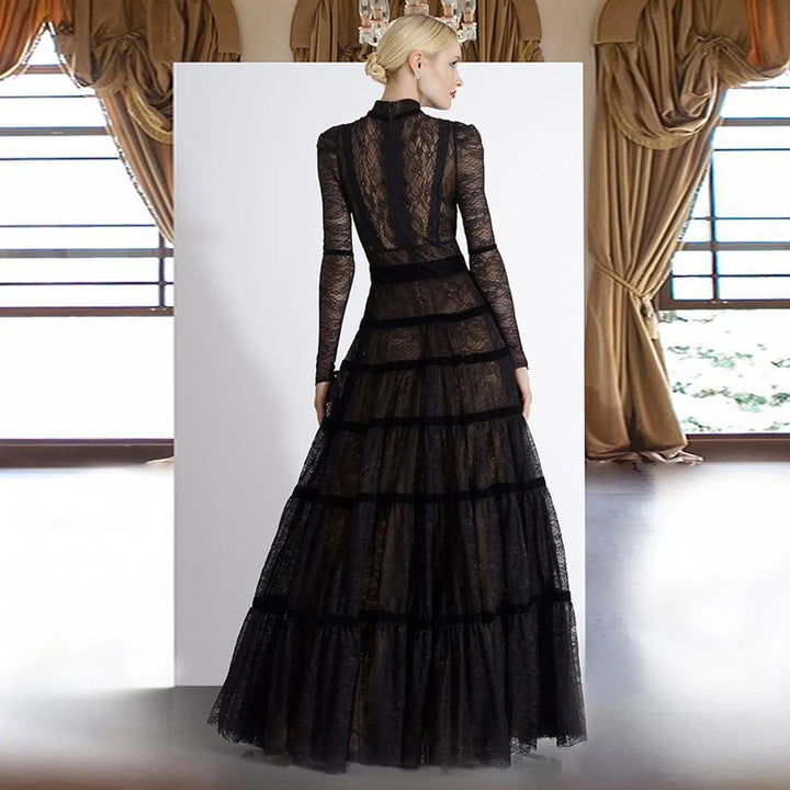 Elegant Black Lace A-line Evening Dress Dubai SF023