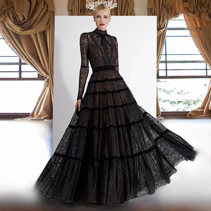 Elegant Black Lace A-line Evening Dress Dubai SF023
