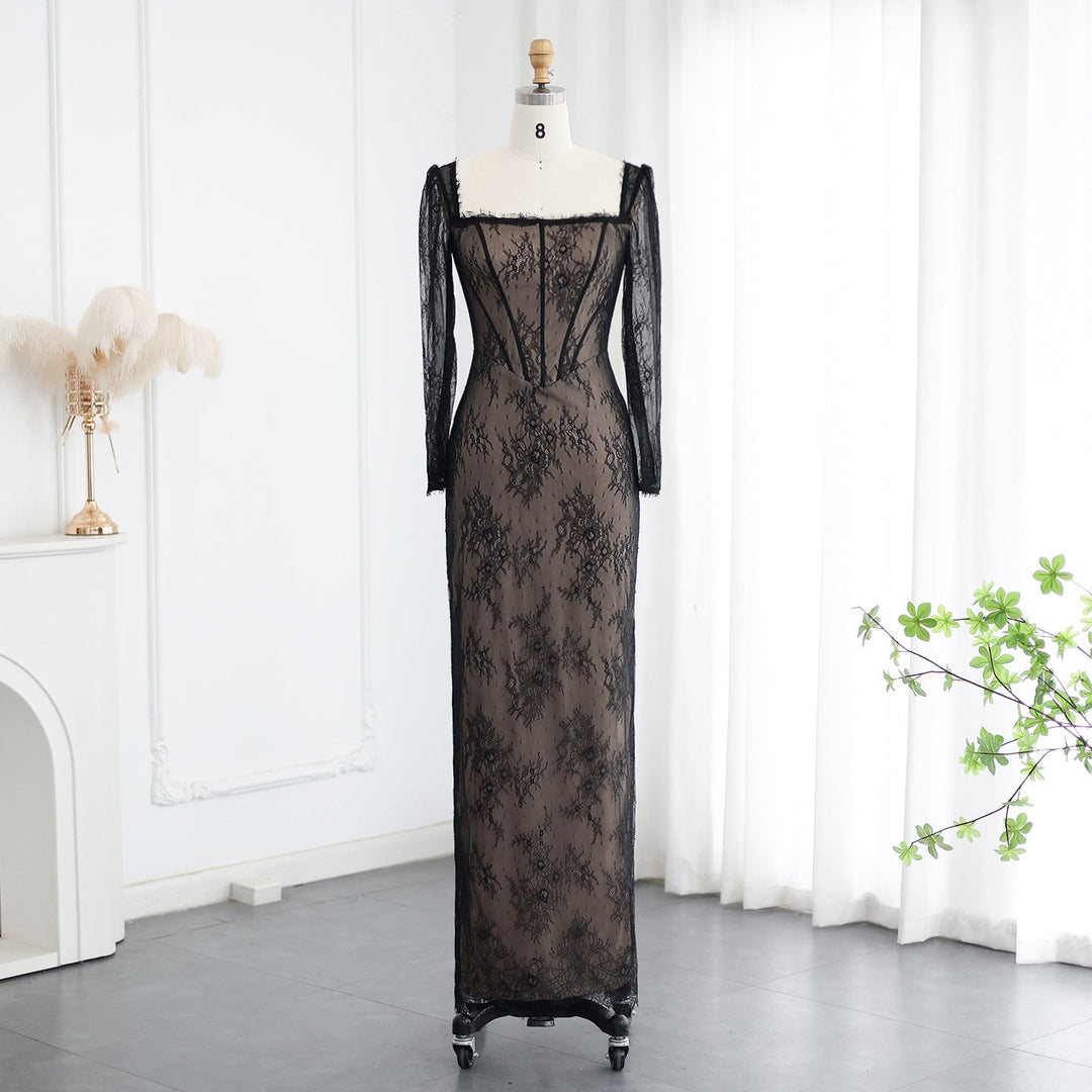 Elegant Black Lace Long Sleeves Sheath Evening Dress SF038 Black / 2 Elegant Black Lace Long Sleeves Sheath Evening Dress SF038 Black / 2