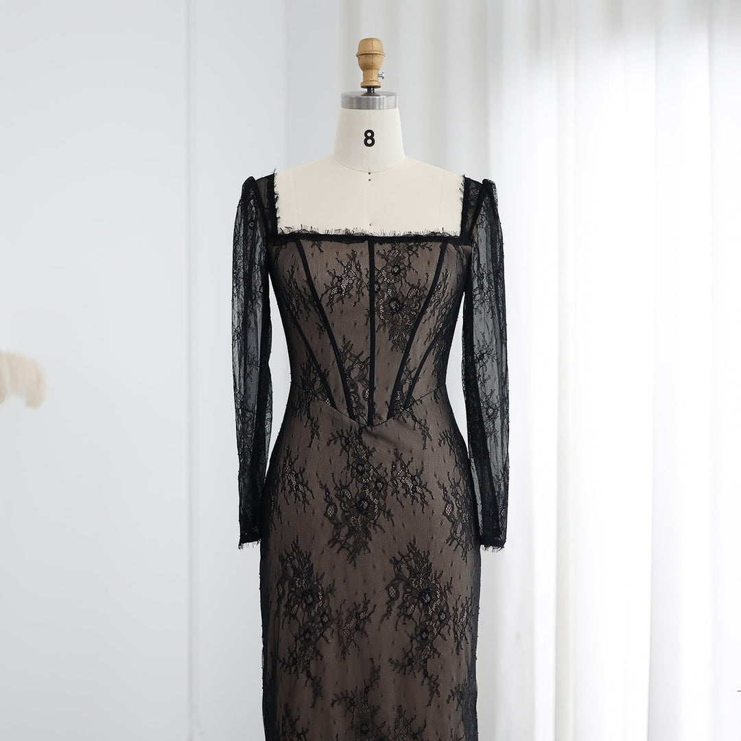 Elegant Black Lace Long Sleeves Sheath Evening Dress SF038 DreamyVow Elegant Black Lace Long Sleeves Sheath Evening Dress SF038 DreamyVow