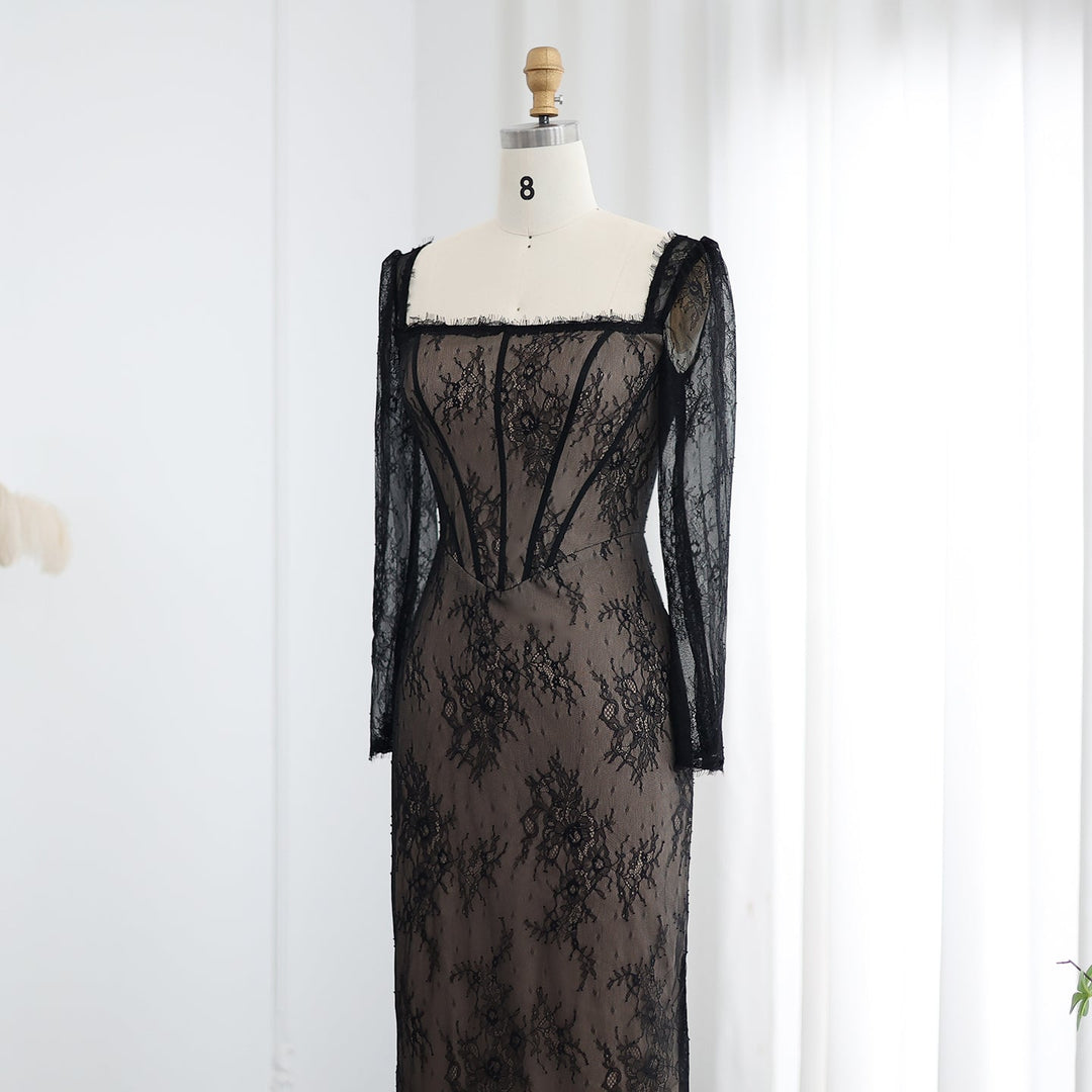 Elegant Black Lace Long Sleeves Sheath Evening Dress SF038 DreamyVow Elegant Black Lace Long Sleeves Sheath Evening Dress SF038 DreamyVow