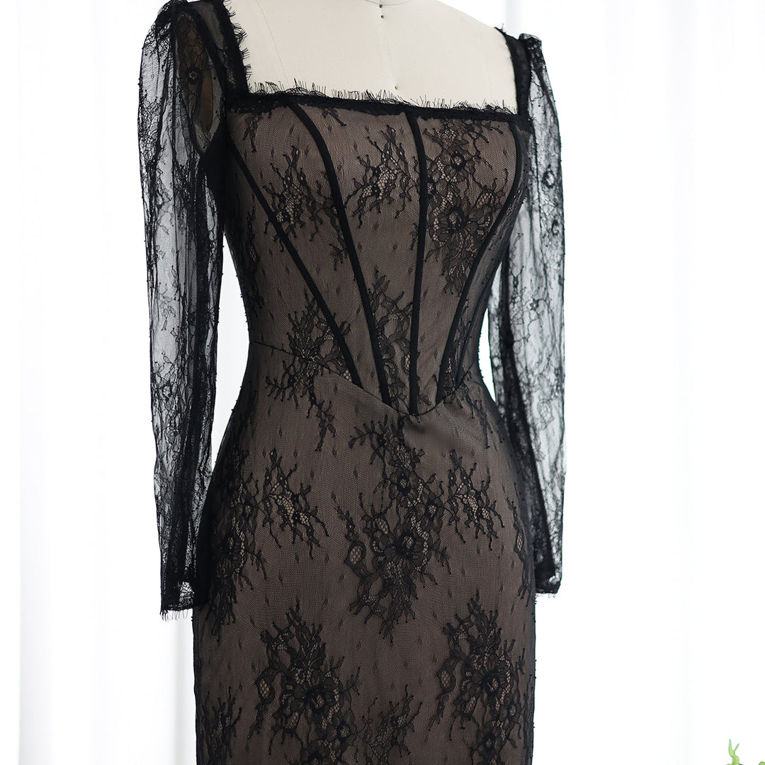 Elegant Black Lace Long Sleeves Sheath Evening Dress SF038 DreamyVow Elegant Black Lace Long Sleeves Sheath Evening Dress SF038 DreamyVow