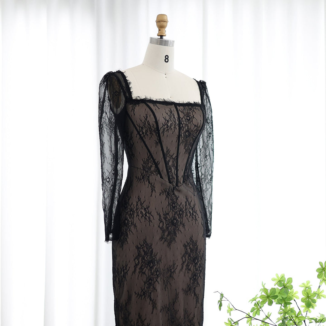 Elegant Black Lace Long Sleeves Sheath Evening Dress SF038 DreamyVow Elegant Black Lace Long Sleeves Sheath Evening Dress SF038 DreamyVow